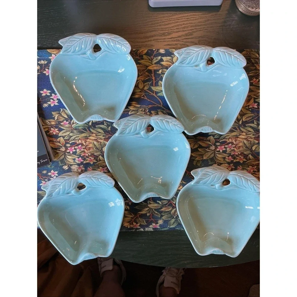 Vintage‎ HOENIG CA Aqua Blue 5PC Apple Pottery Dishes #734